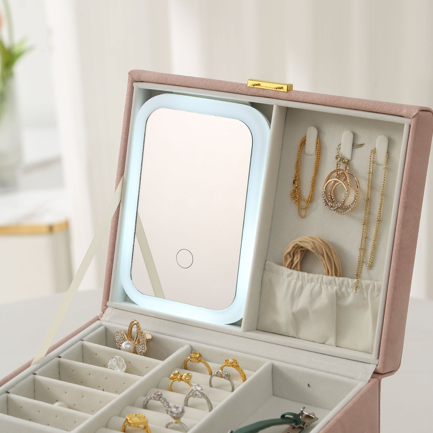 **4-Layer Handheld LED Makeup Mirror Jewelry Organizer**