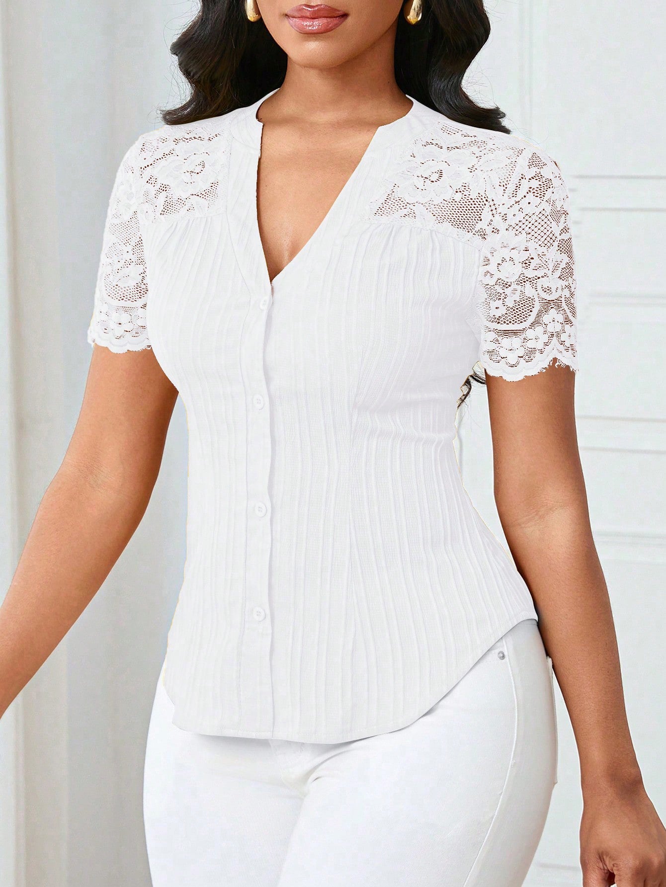 Solid Color Embroidered Hollow-Out Short-Sleeve Top