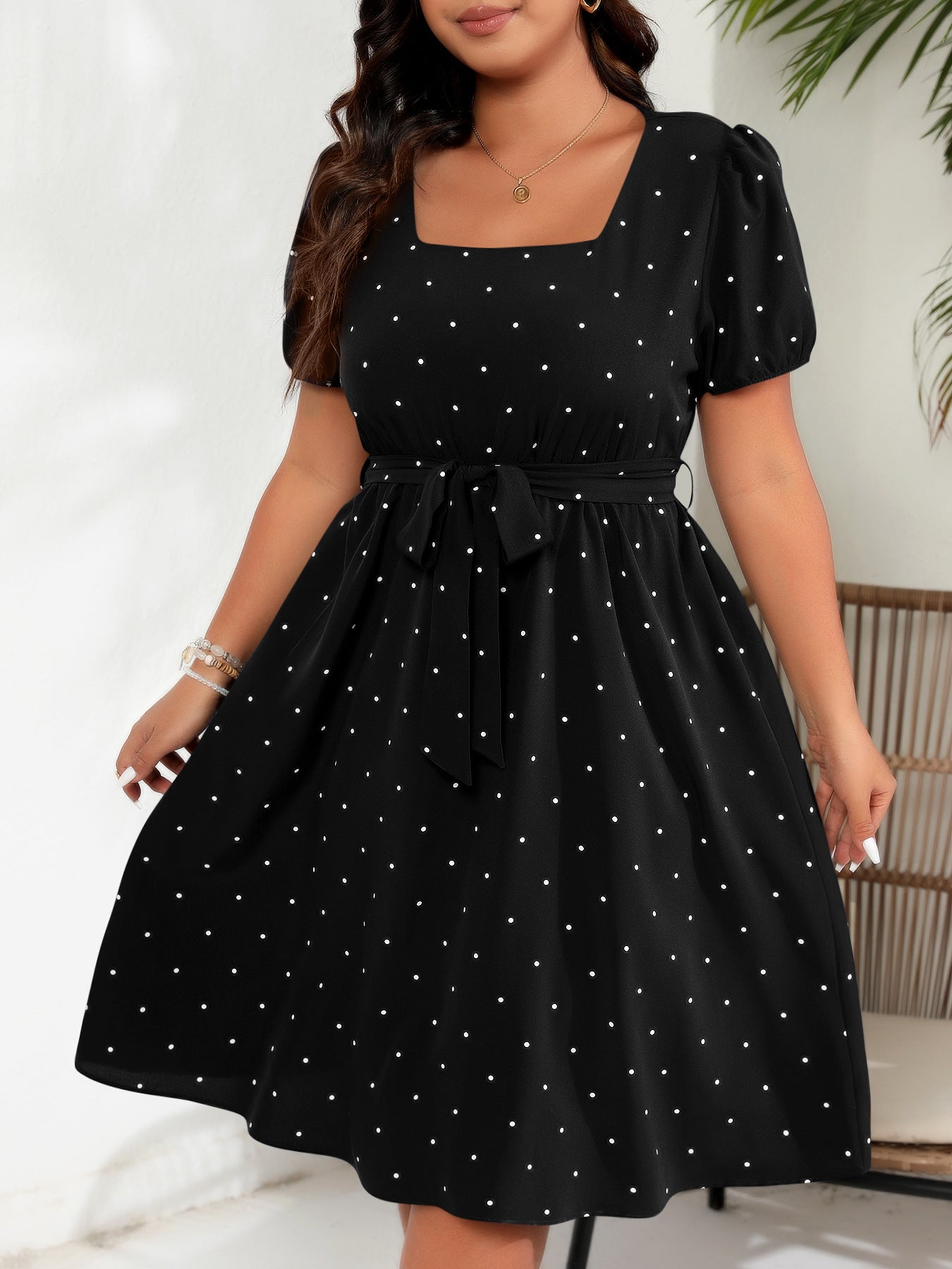 # Retro Polka Dot Square Neck Plus Size Dress