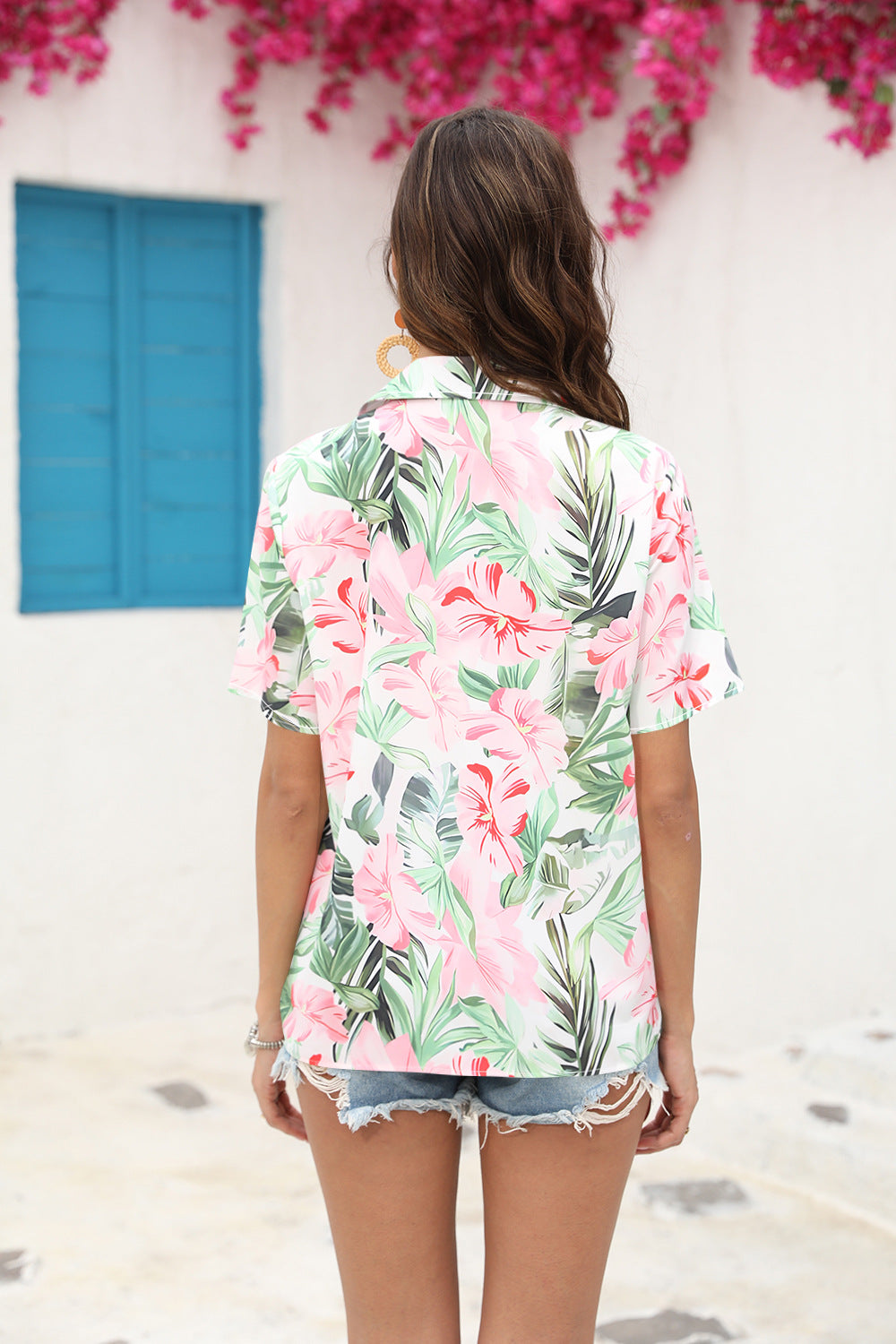 # Floral Print Pleated Collared Short-Sleeve Shirt