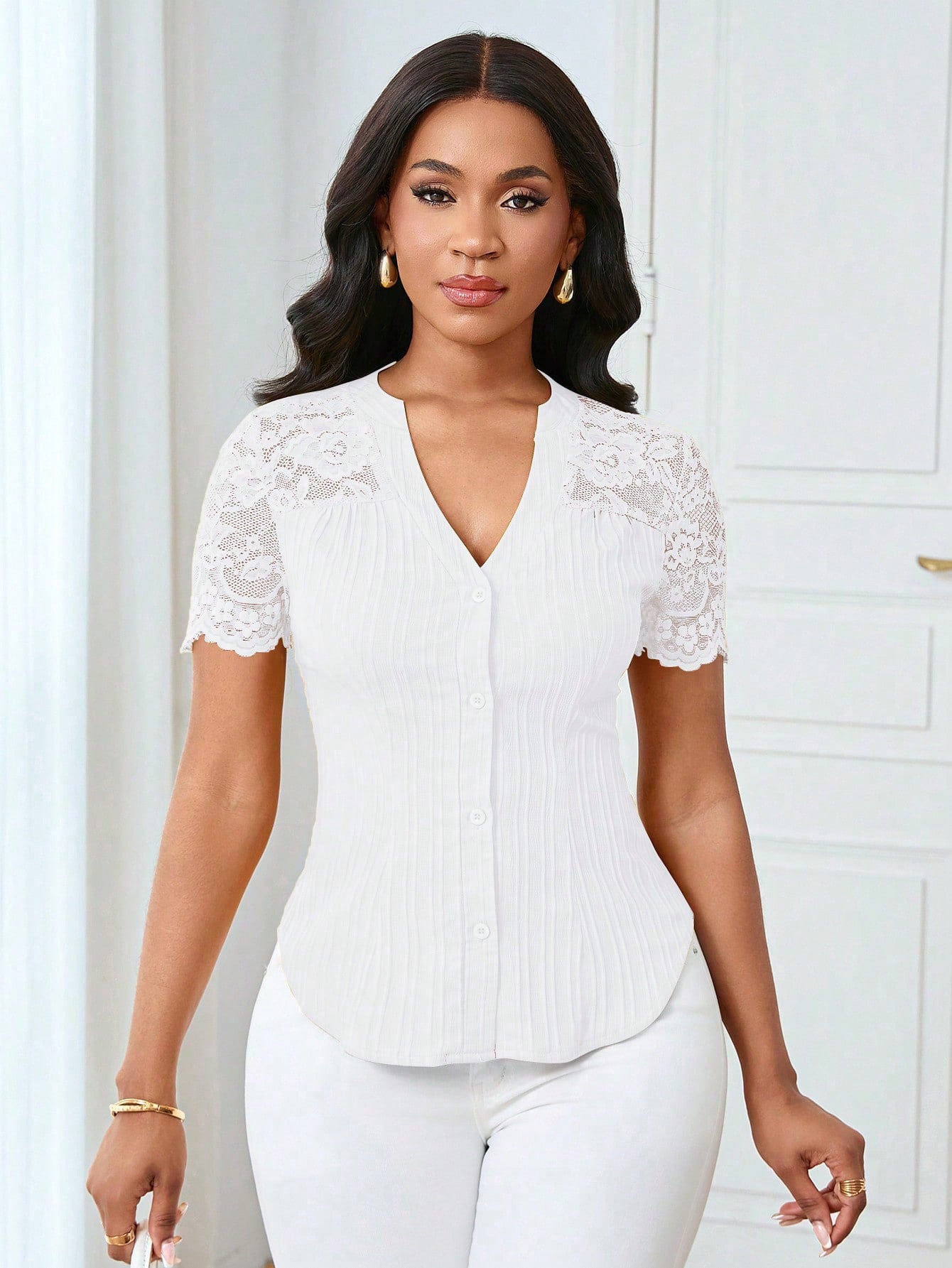 Solid Color Embroidered Hollow-Out Short-Sleeve Top