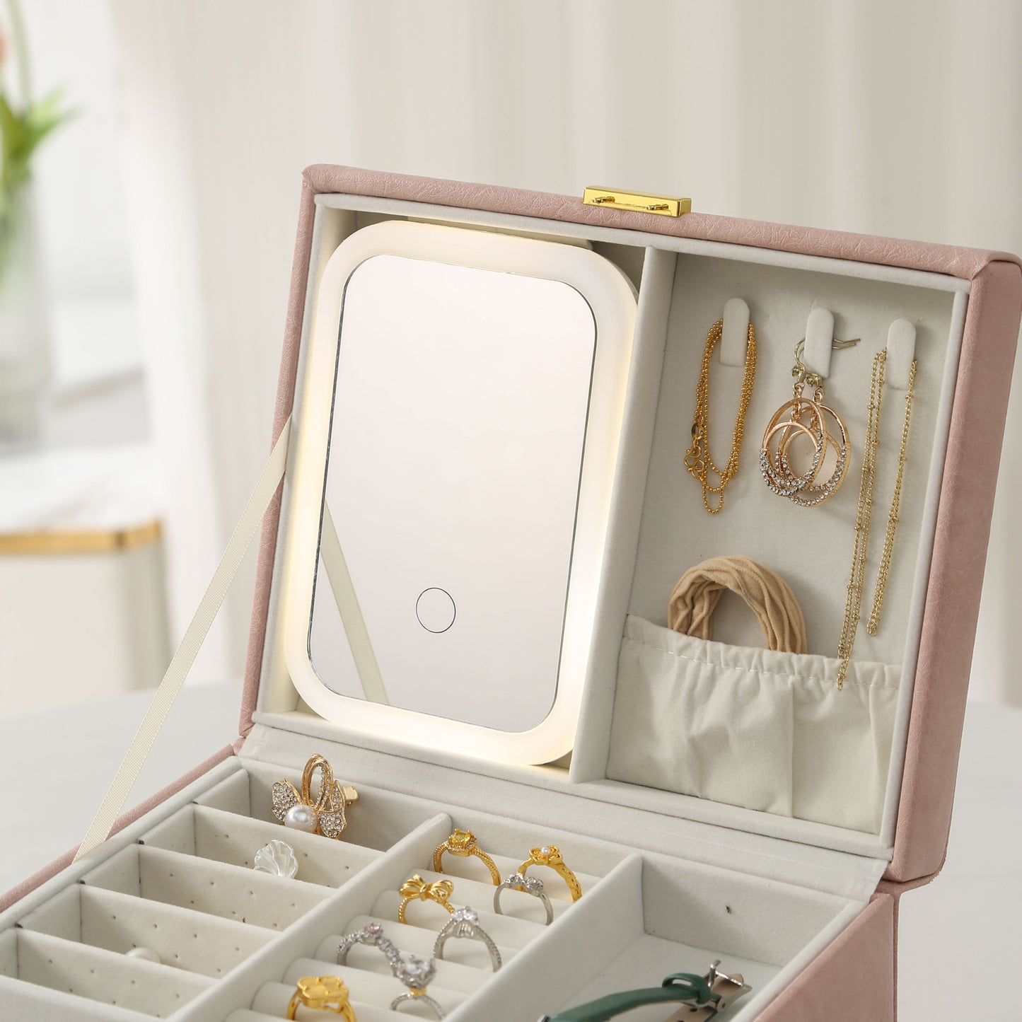 **4-Layer Handheld LED Makeup Mirror Jewelry Organizer**