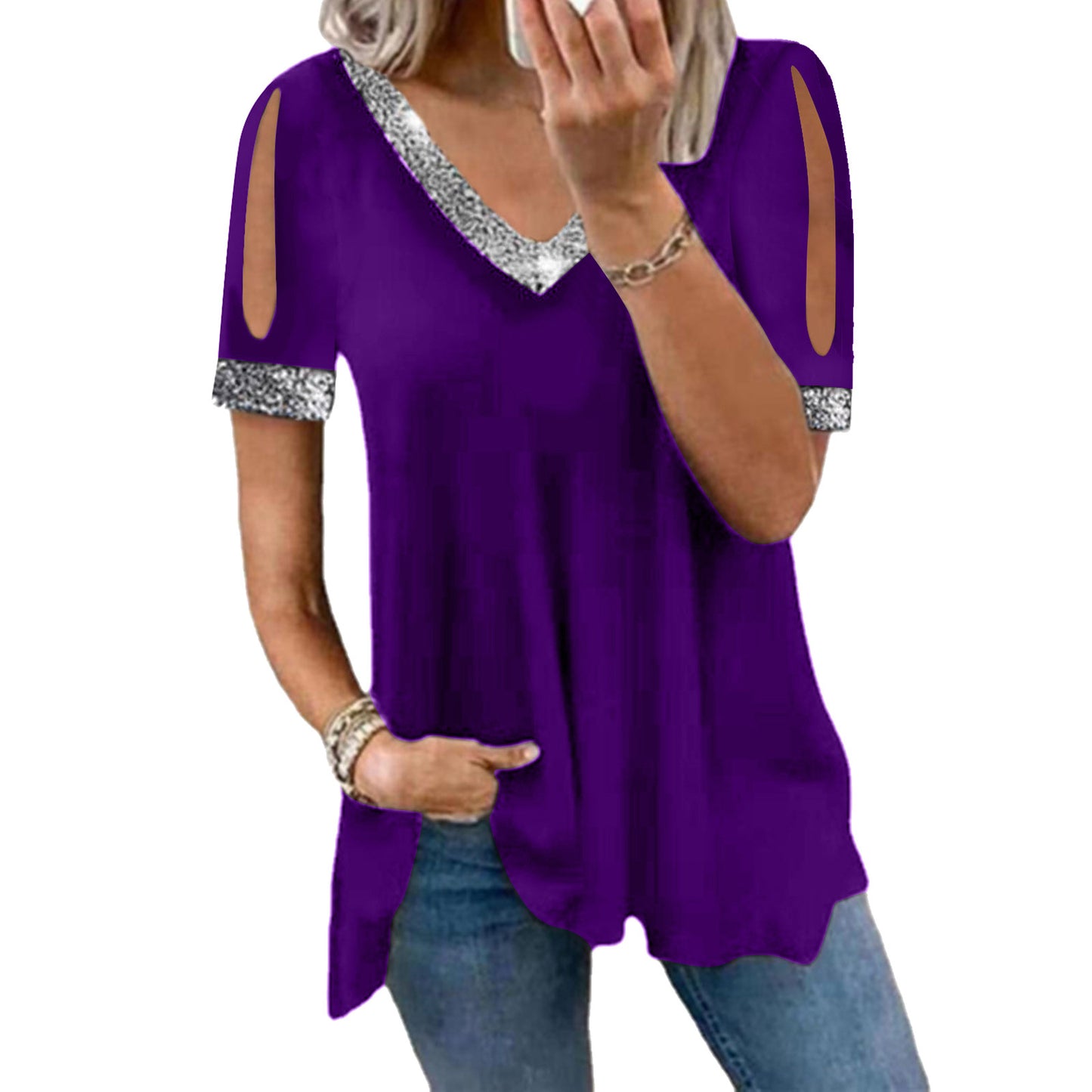 Off-Shoulder Solid Color Sequined Women's T-Shirt
