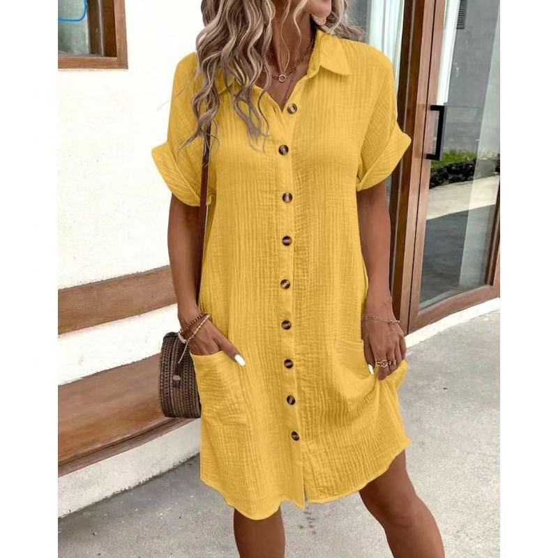 # Solid Color Cotton Linen Button-Up Loose Shirt Dress