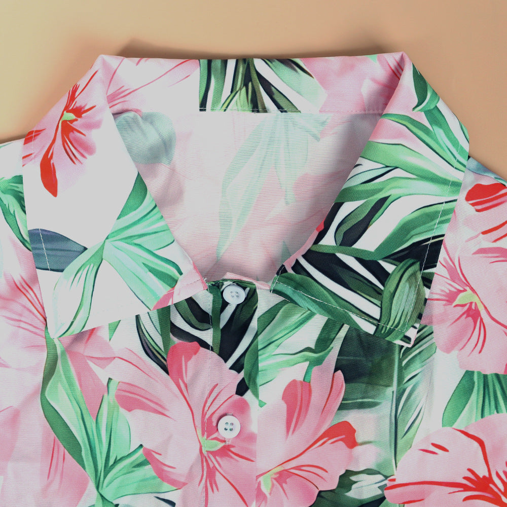 # Floral Print Pleated Collared Short-Sleeve Shirt