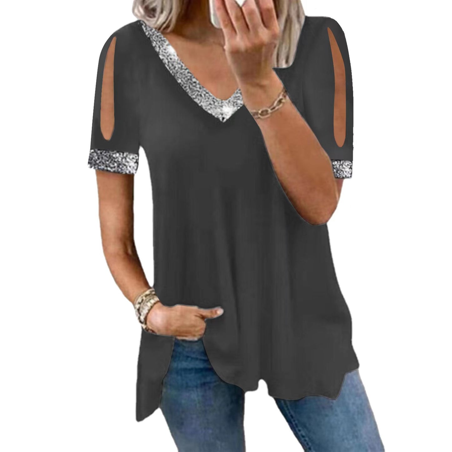 Off-Shoulder Solid Color Sequined Women's T-Shirt