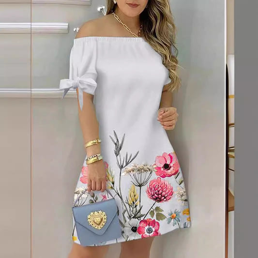 # Off-the-Shoulder Printed Dress with Knotted Sleeves