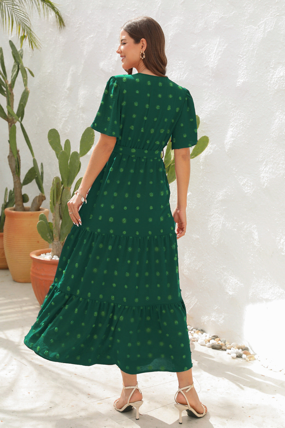 # V-Neck Tie-Waist Long Vacation Dress