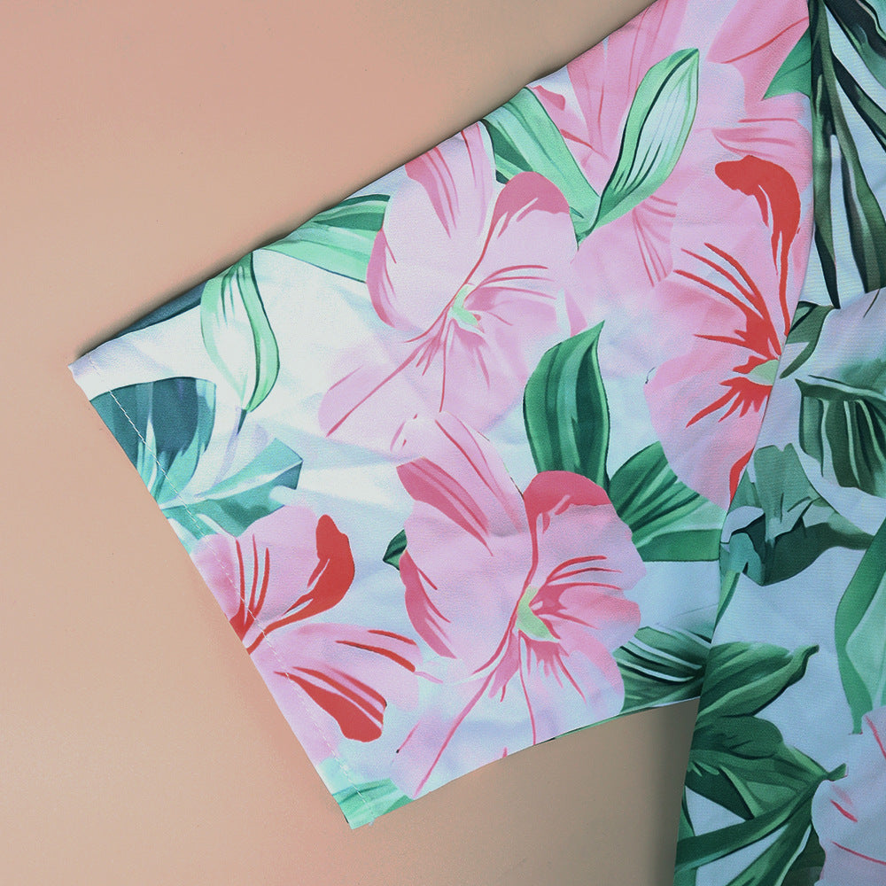 # Floral Print Pleated Collared Short-Sleeve Shirt