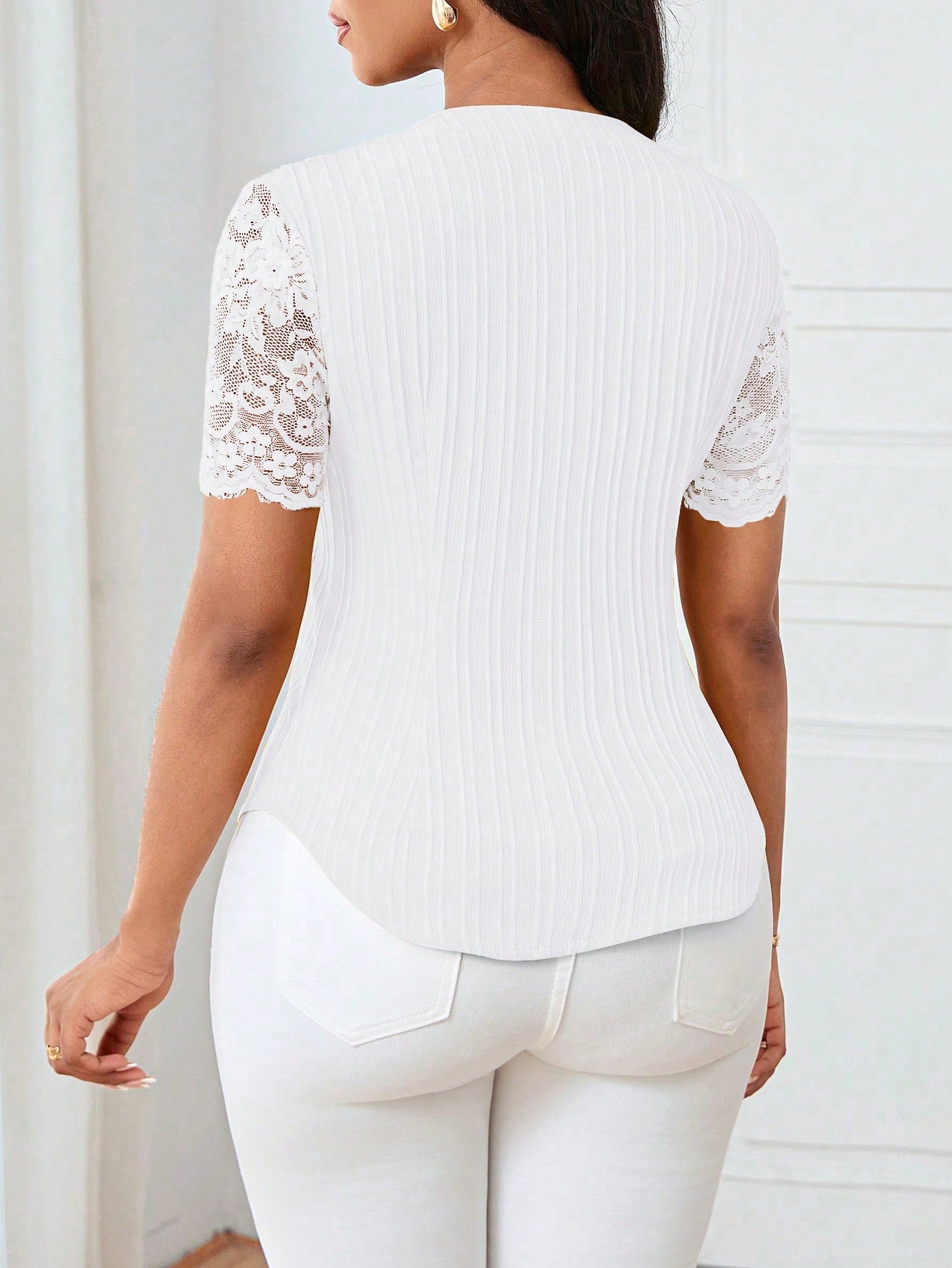 Solid Color Embroidered Hollow-Out Short-Sleeve Top