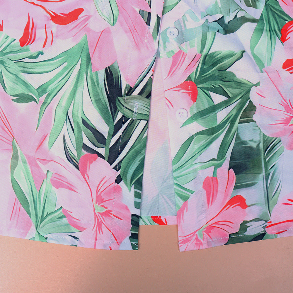 # Floral Print Pleated Collared Short-Sleeve Shirt