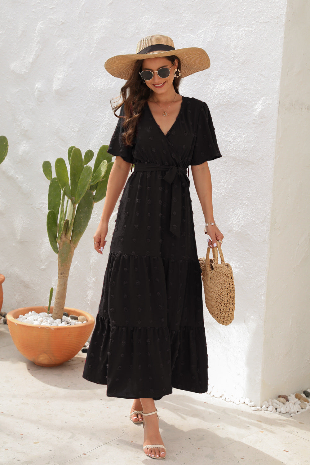 # V-Neck Tie-Waist Long Vacation Dress