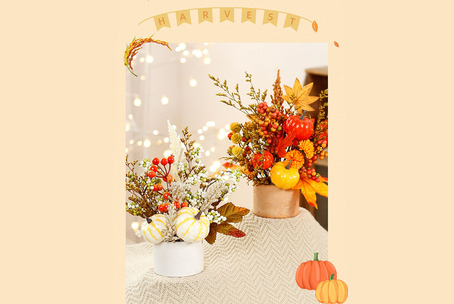 Simulated Autumn Maple Leaf, Pumpkin, and Rice Potted Plant