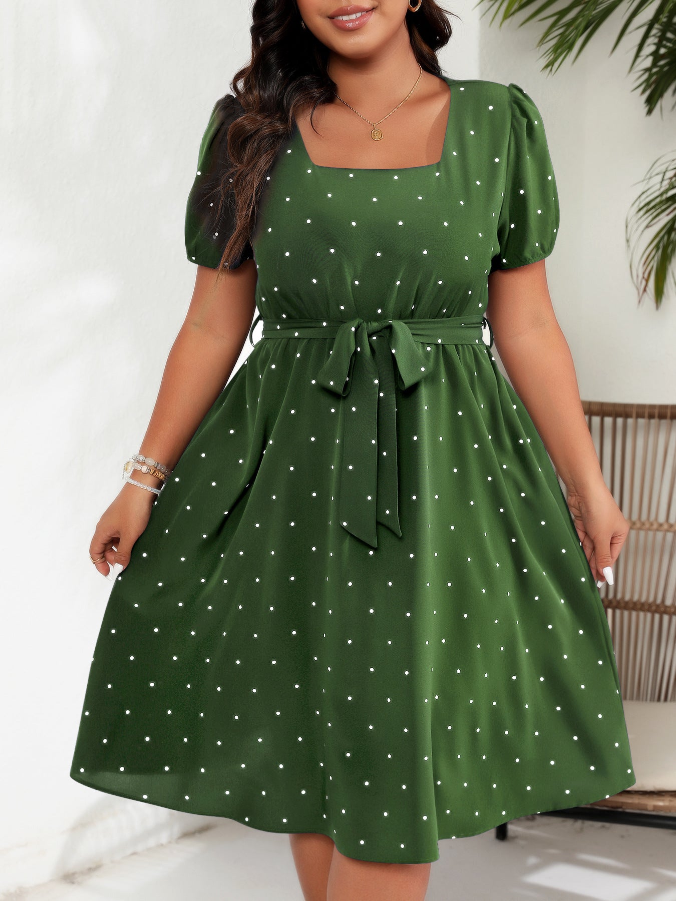 # Retro Polka Dot Square Neck Plus Size Dress