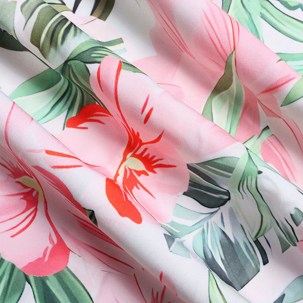 # Floral Print Pleated Collared Short-Sleeve Shirt
