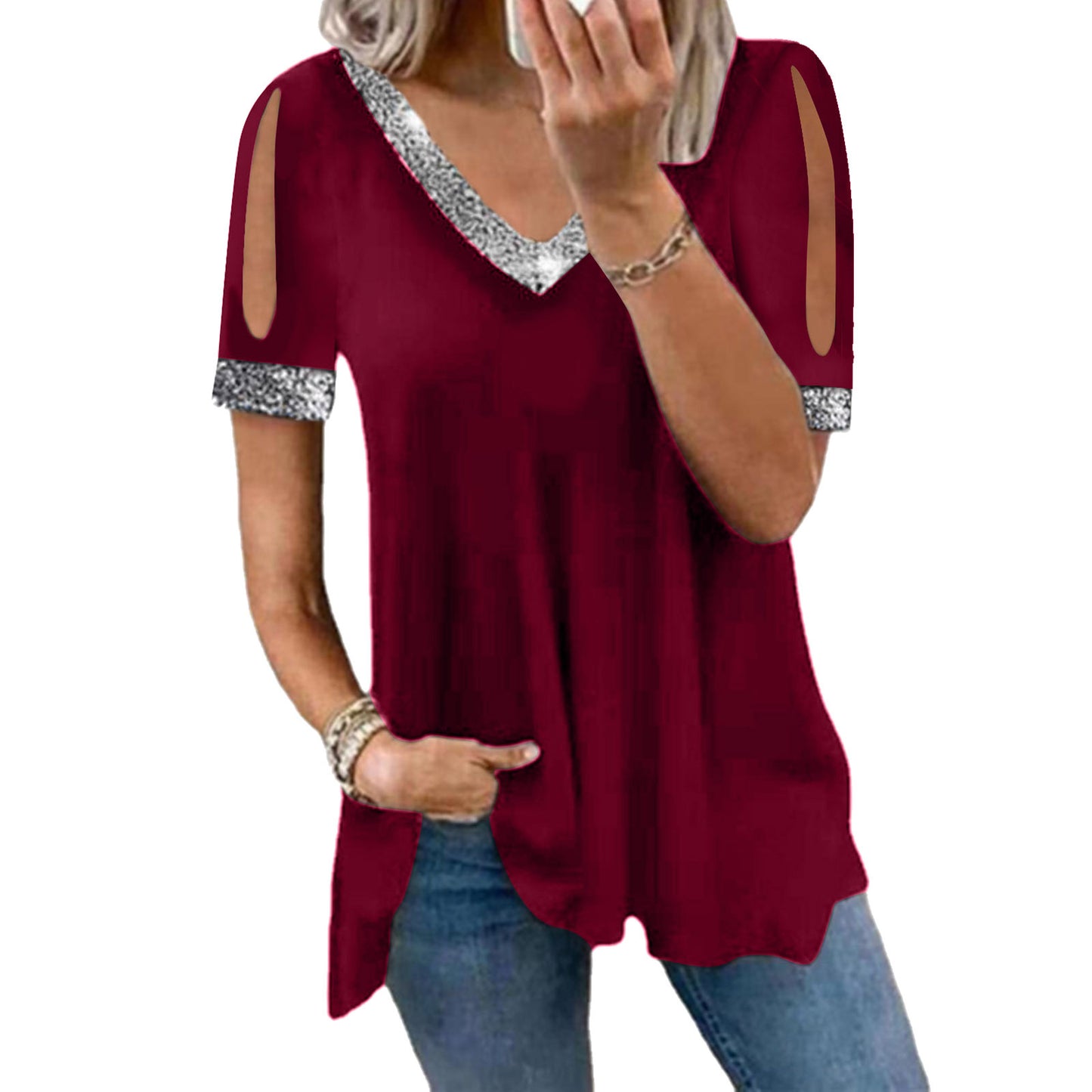 Off-Shoulder Solid Color Sequined Women's T-Shirt