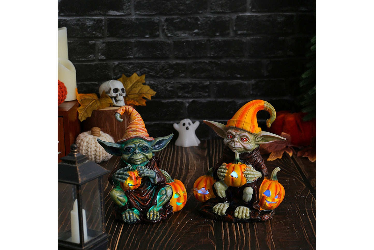 Halloween Pumpkin Lantern Resin Ornament | Glowing Gnome Doll