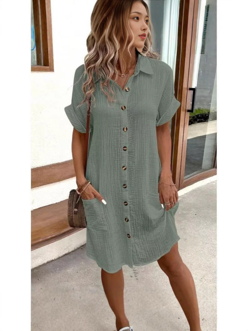 # Solid Color Cotton Linen Button-Up Loose Shirt Dress