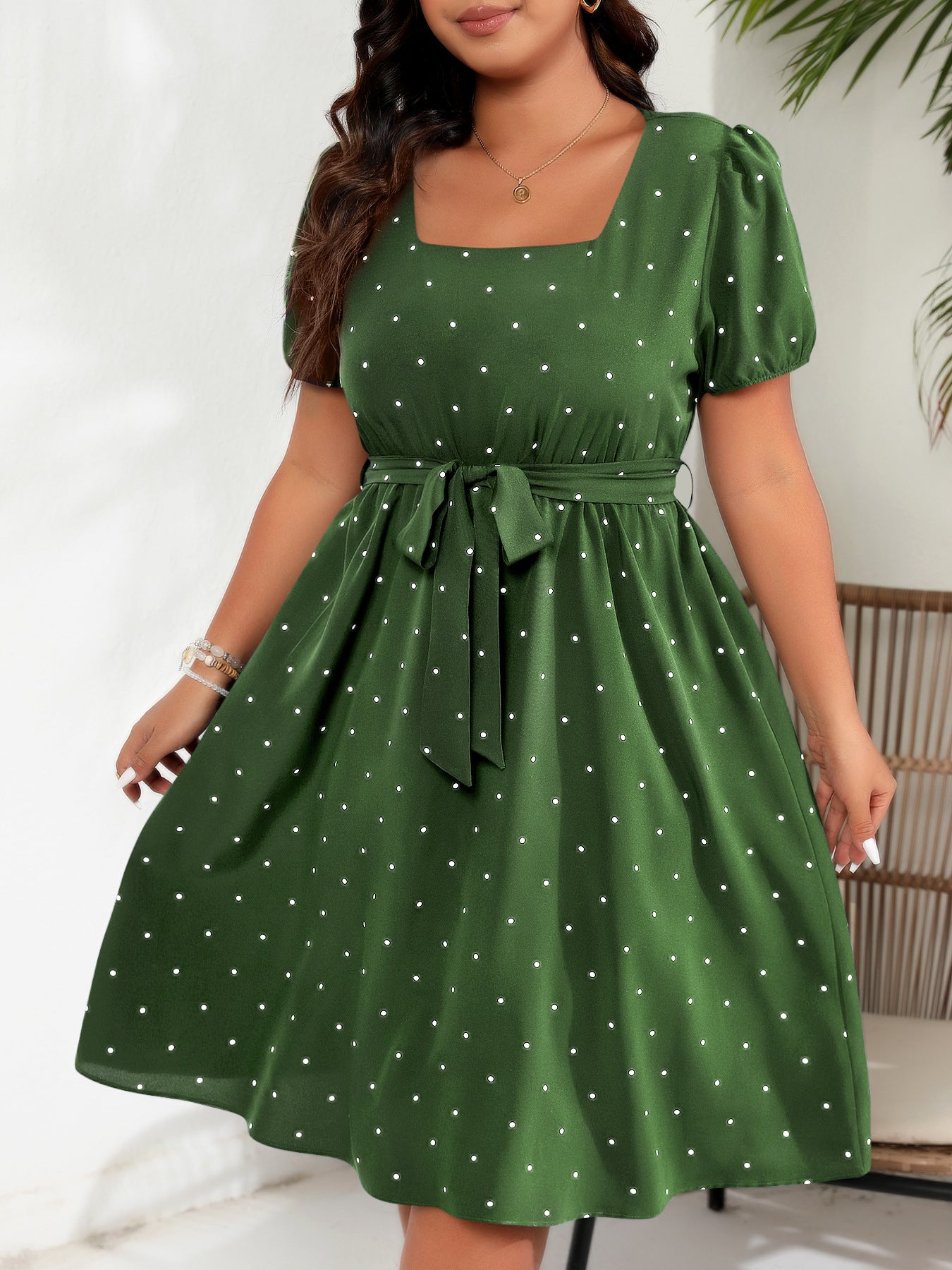 # Retro Polka Dot Square Neck Plus Size Dress