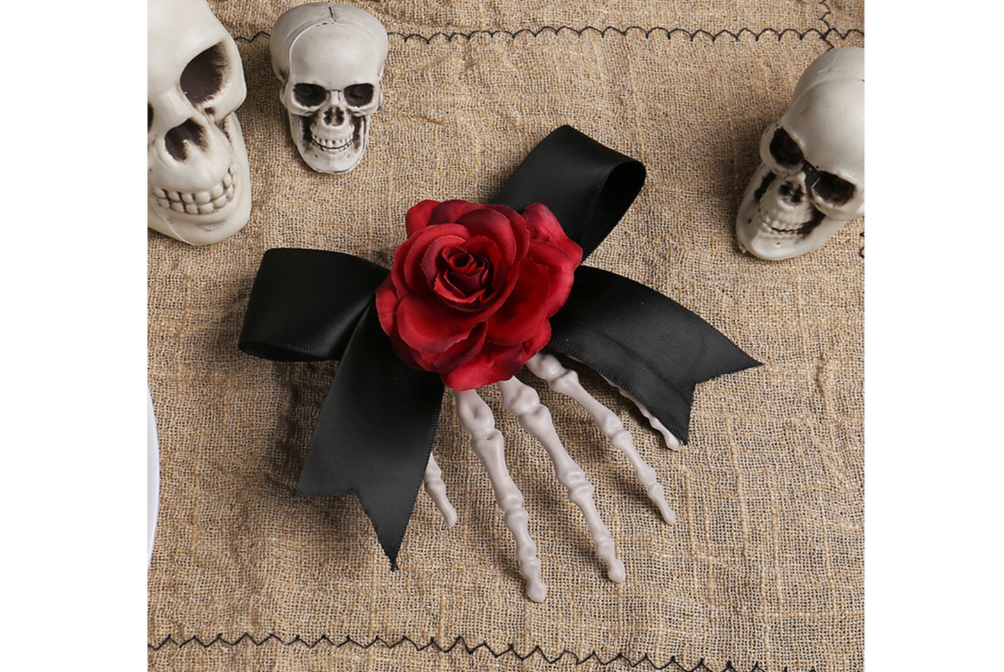 **Halloween Skeleton Hand Hair Clip with Scary Rose Bow Side Clip**