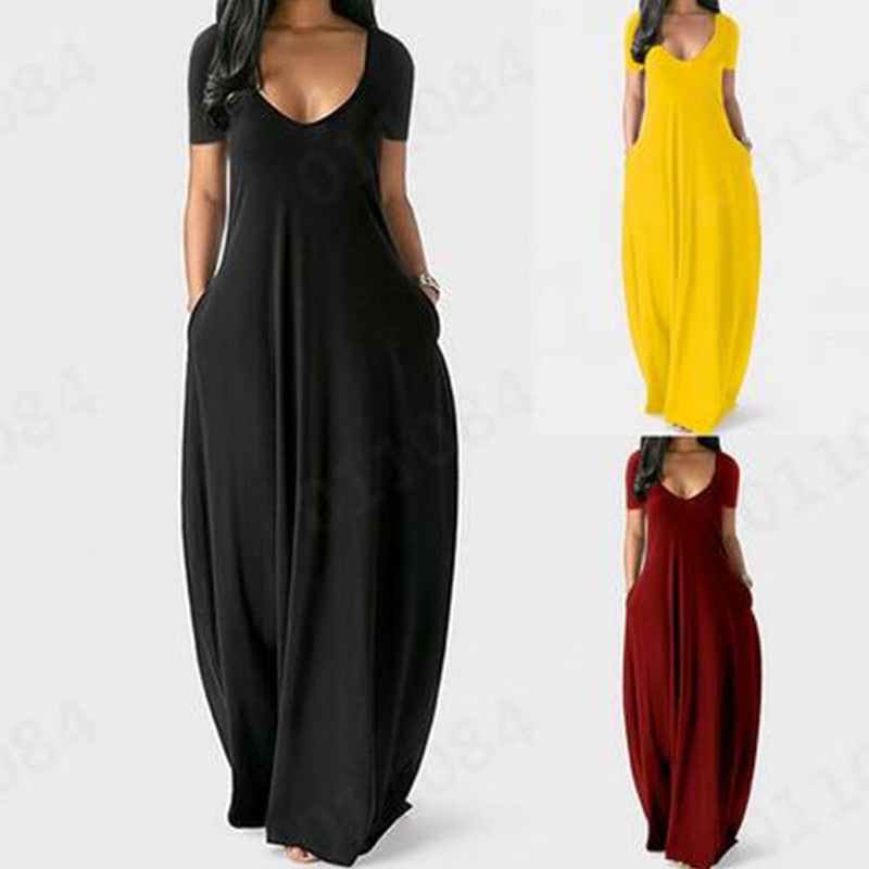 # Solid Color Deep V-Neck Short-Sleeve Plus Size Dress