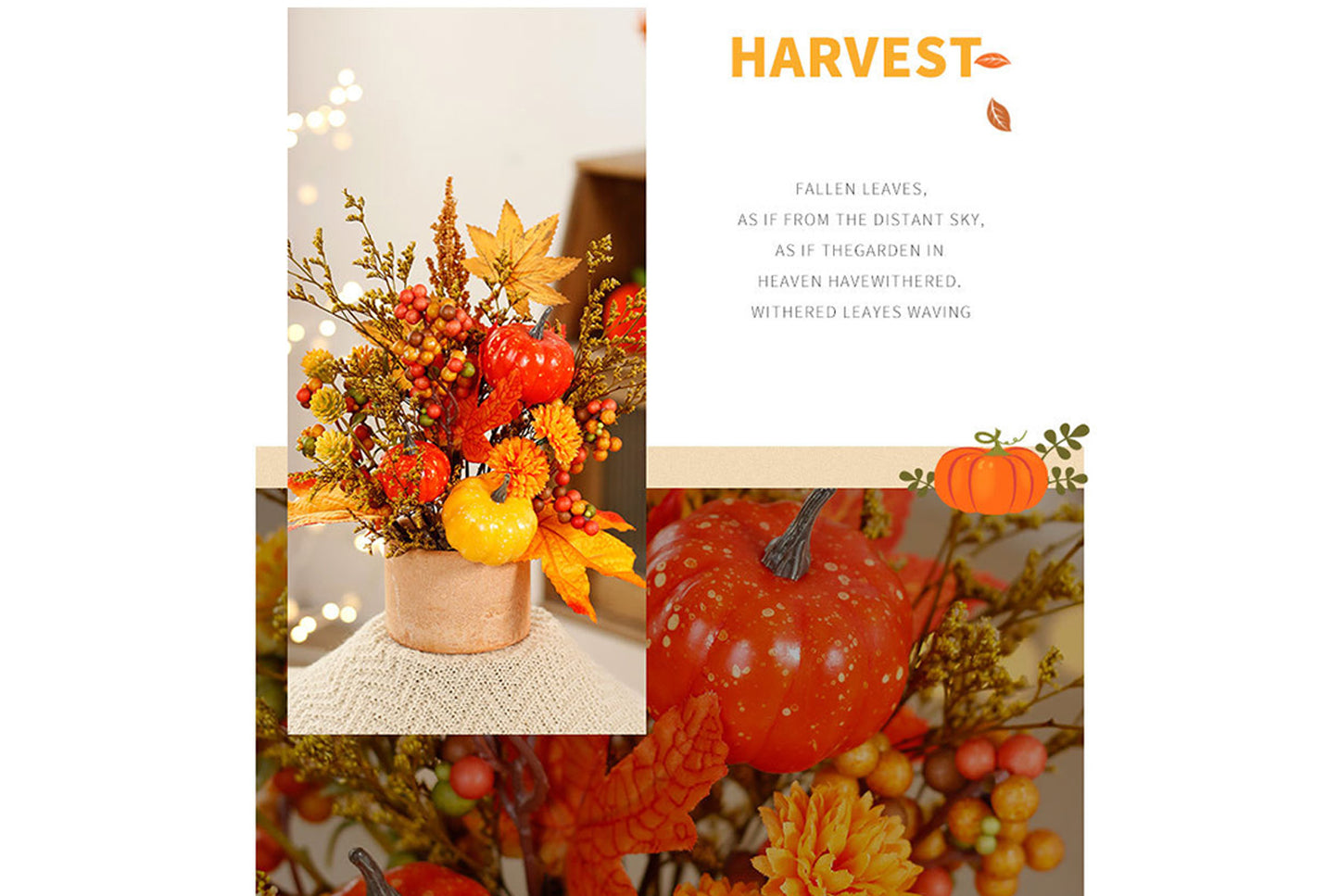 Simulated Autumn Maple Leaf, Pumpkin, and Rice Potted Plant