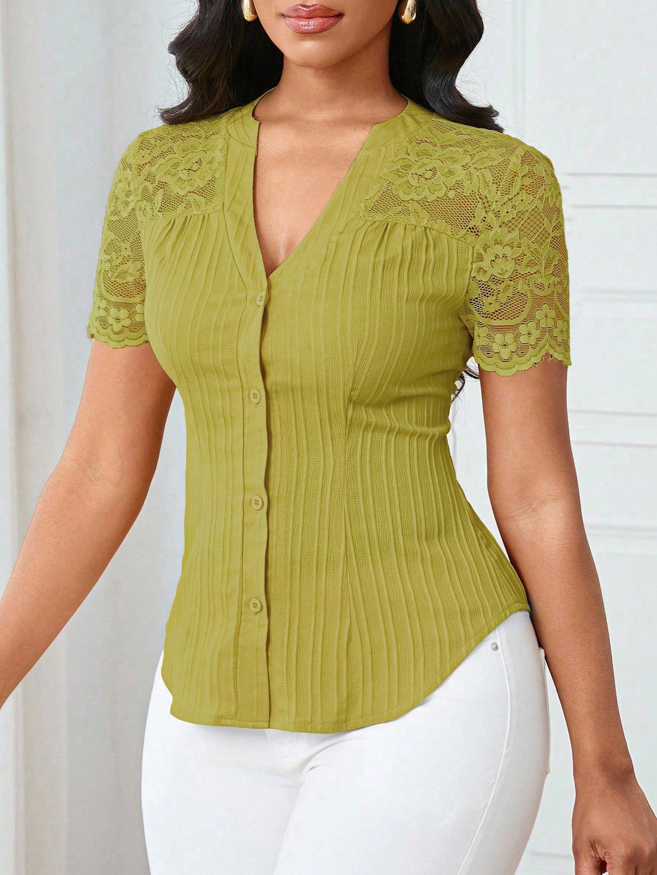 Solid Color Embroidered Hollow-Out Short-Sleeve Top