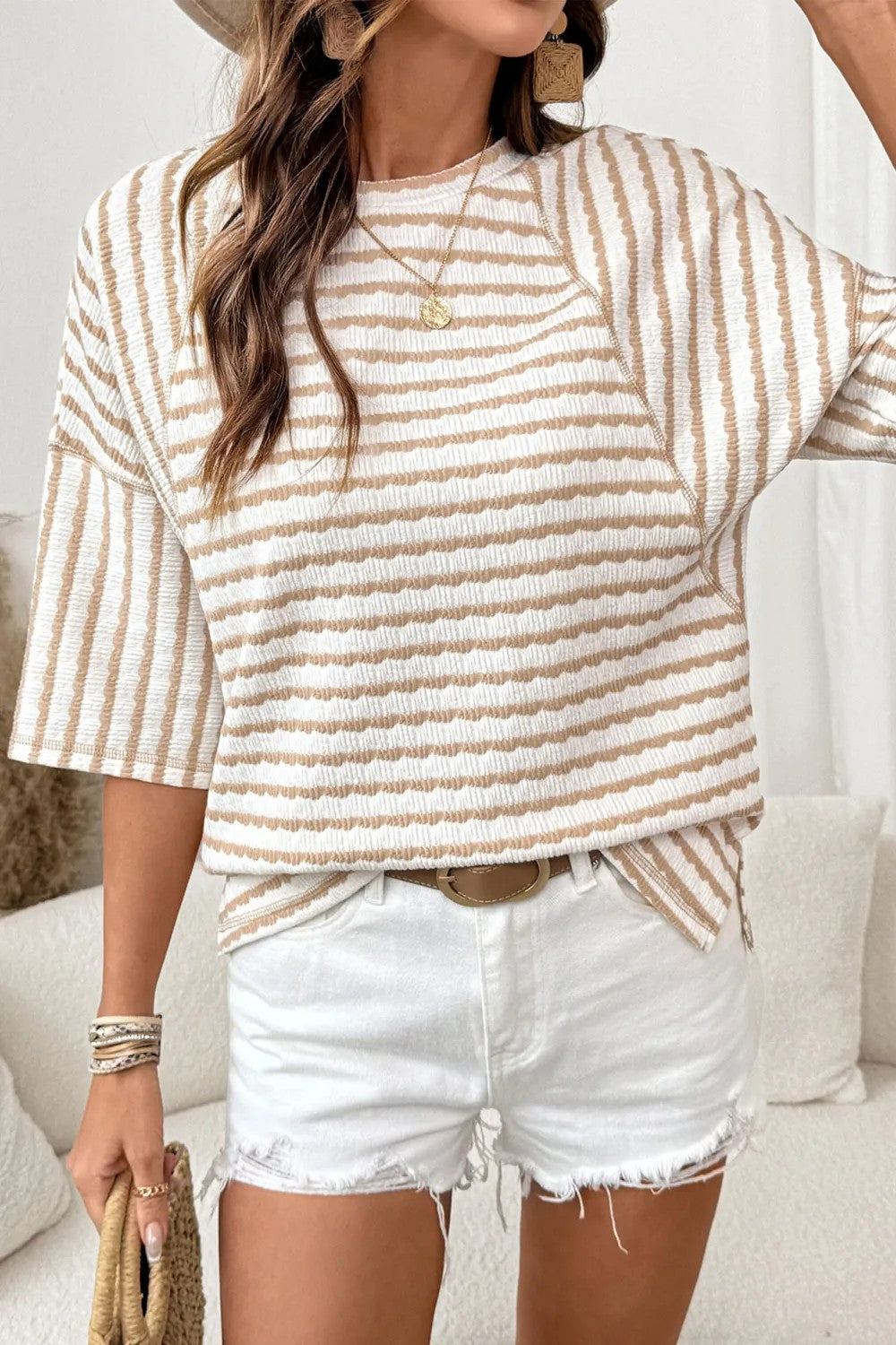 # Women's Striped Short-Sleeve Crew Neck Pullover T-Shirt