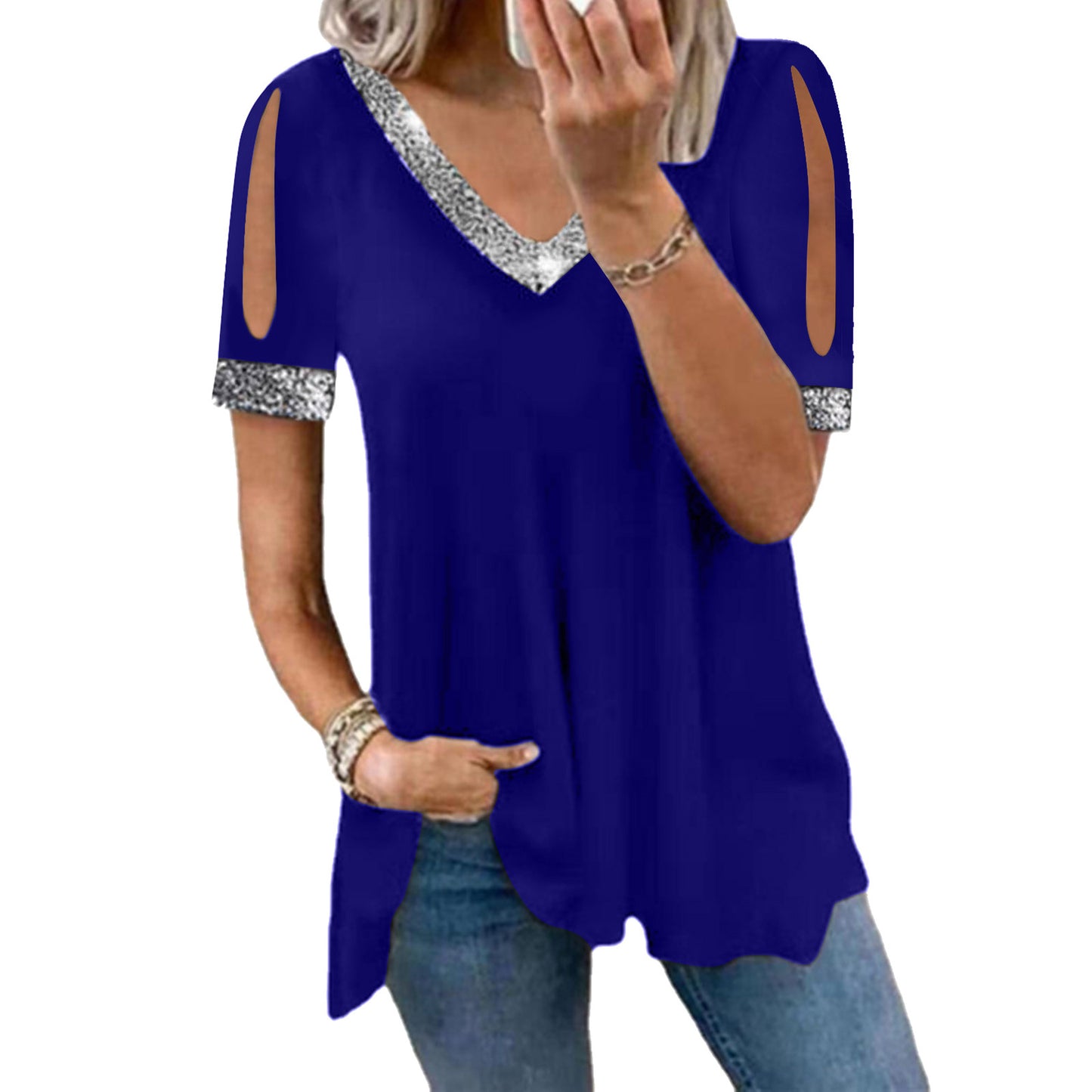 Off-Shoulder Solid Color Sequined Women's T-Shirt