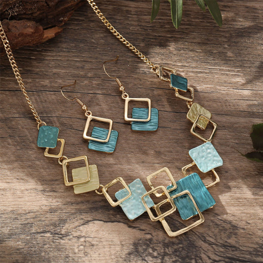 Colorful geometric square earrings bracelet necklace set