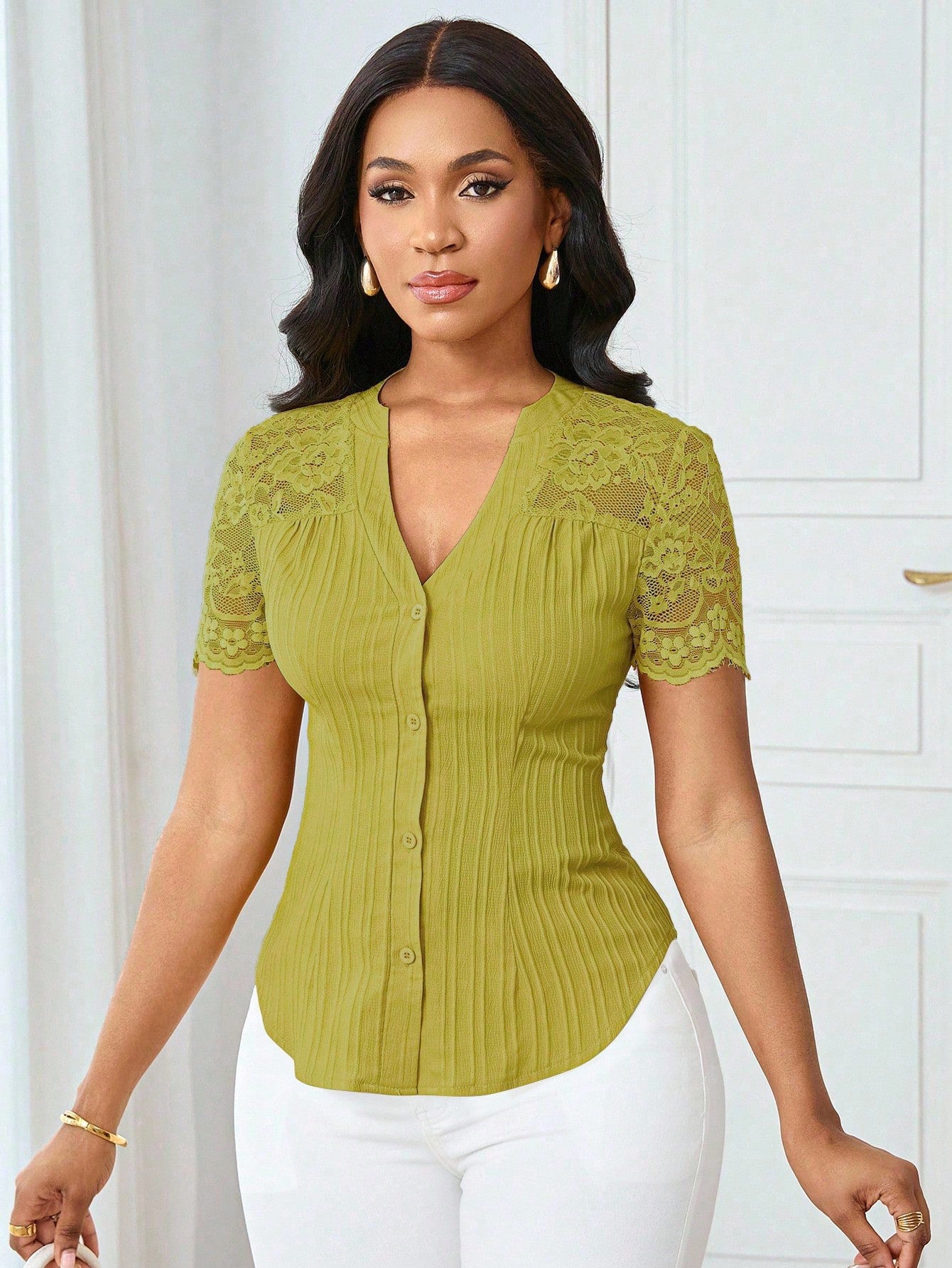 Solid Color Embroidered Hollow-Out Short-Sleeve Top