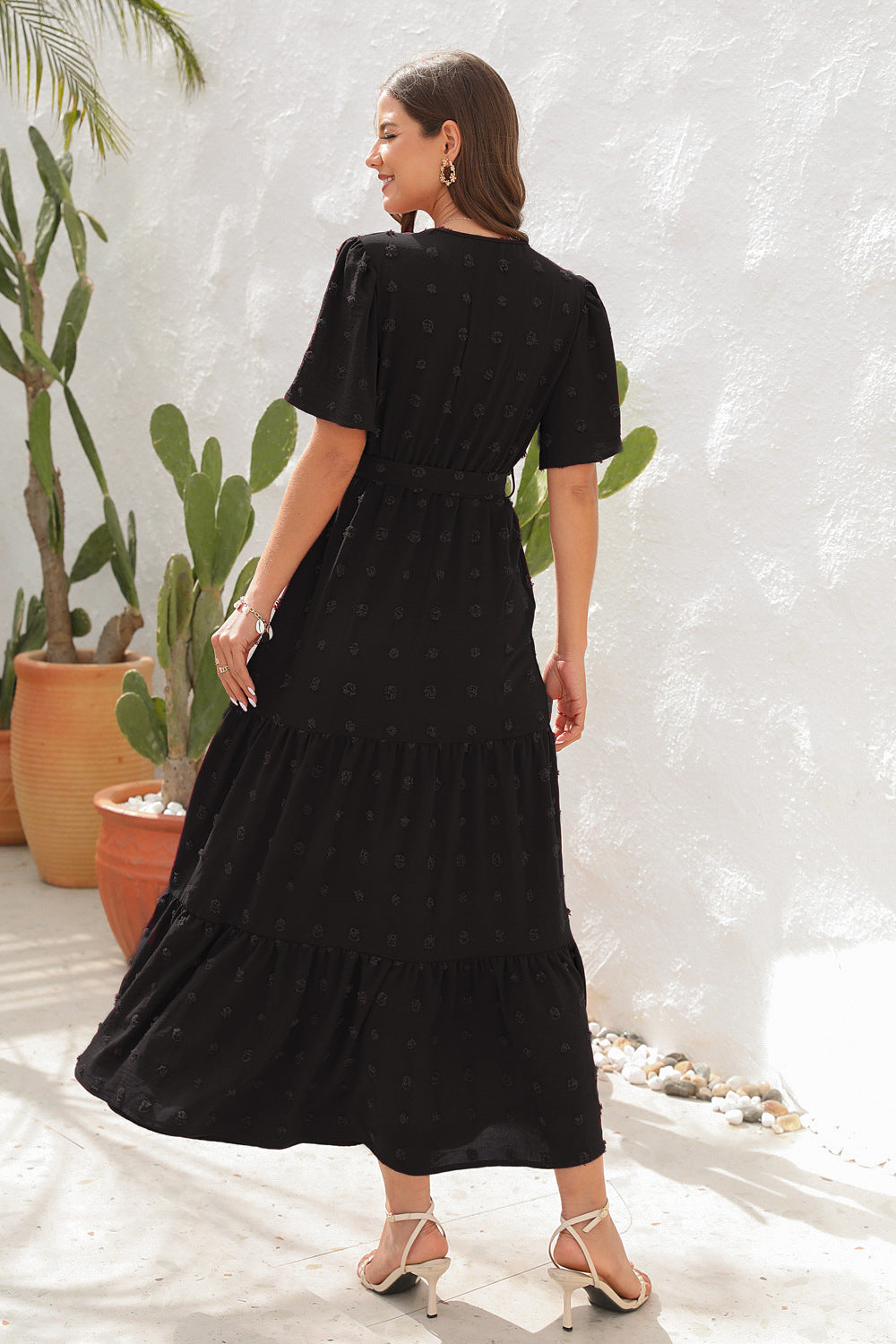 # V-Neck Tie-Waist Long Vacation Dress