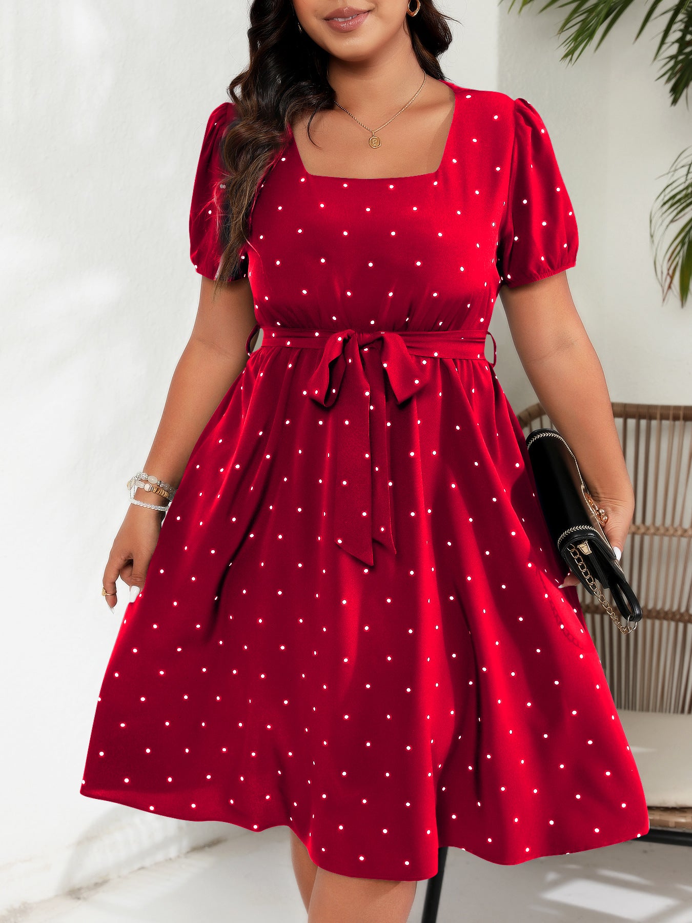 # Retro Polka Dot Square Neck Plus Size Dress