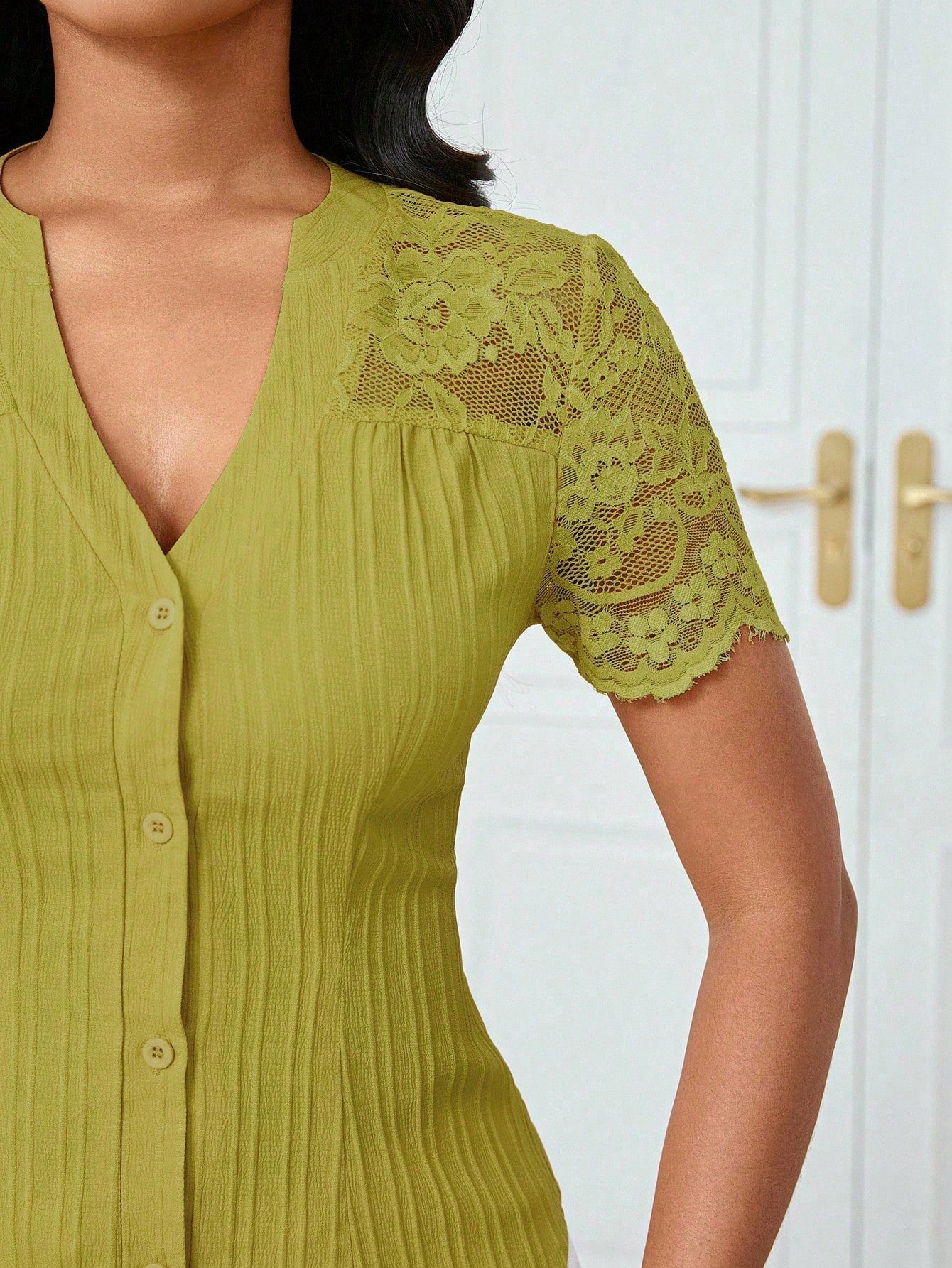 Solid Color Embroidered Hollow-Out Short-Sleeve Top