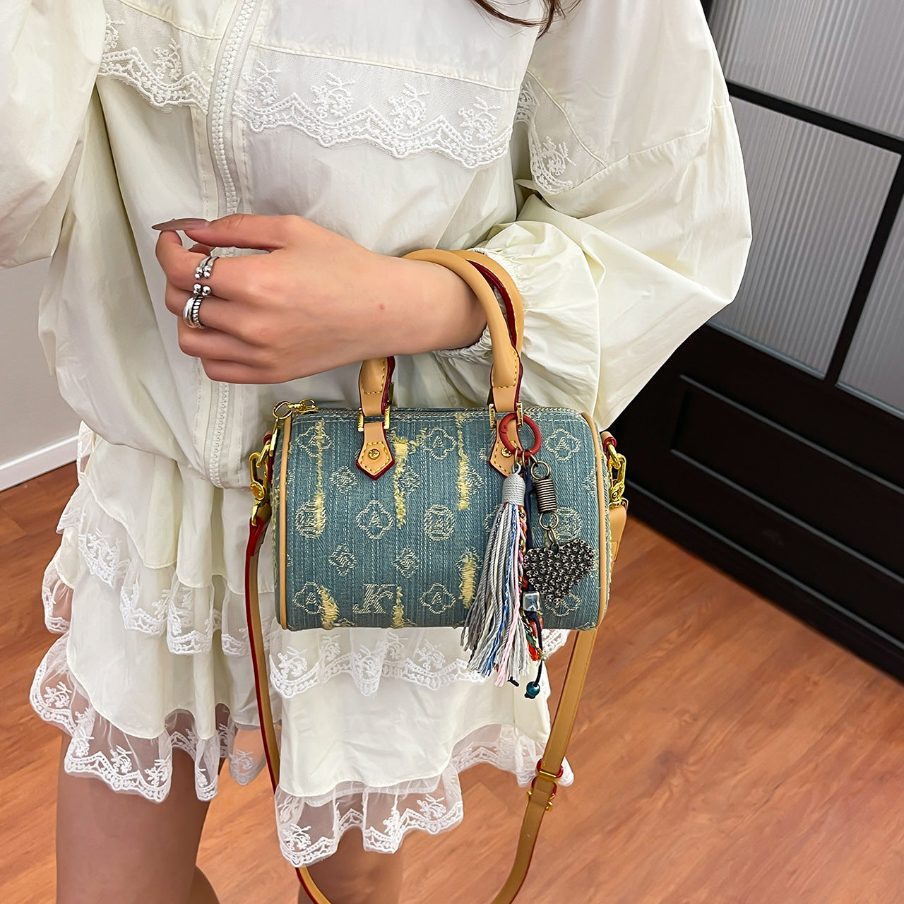 Stylish Color-Blocked Denim Crossbody Bag