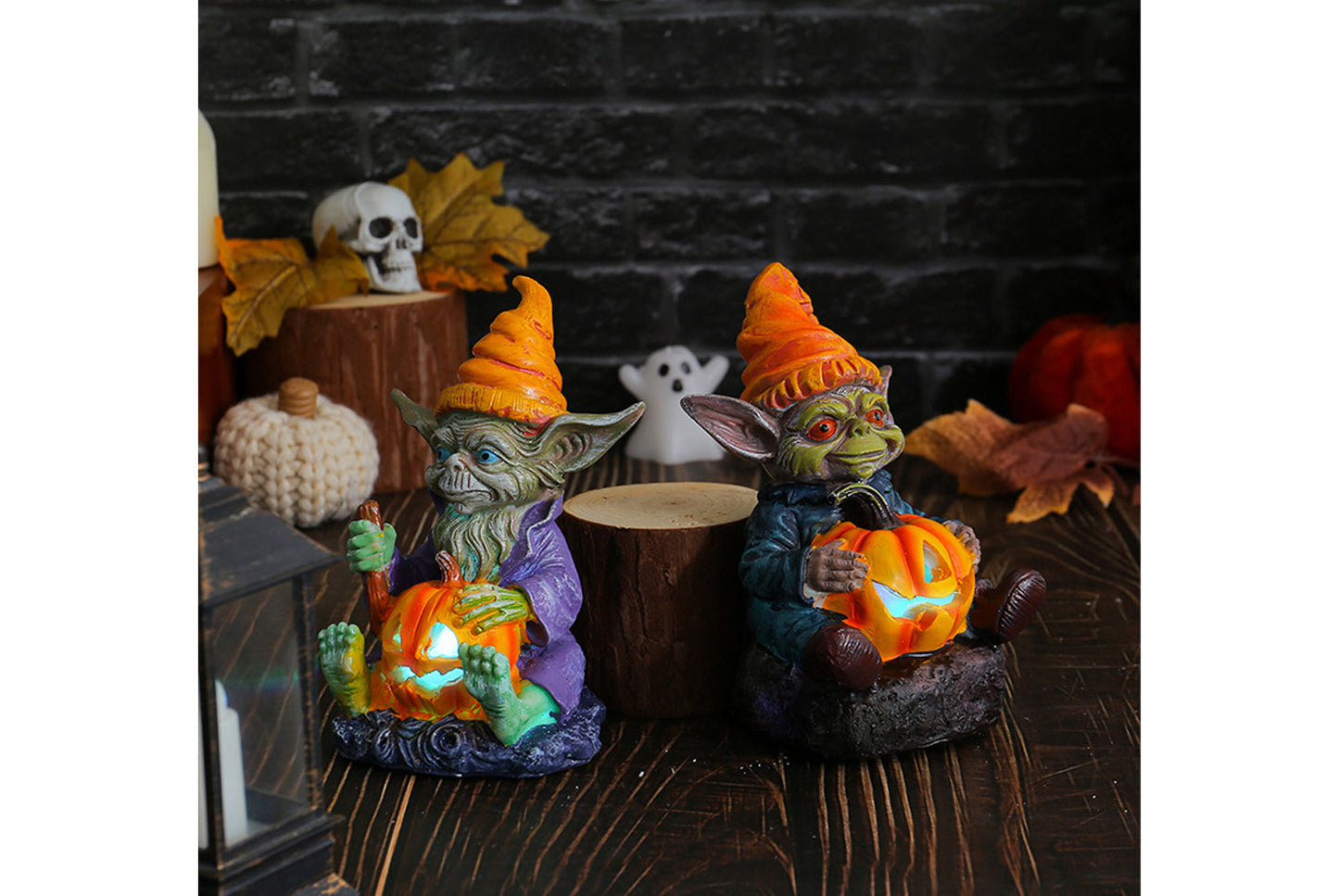 Halloween Pumpkin Lantern Resin Ornament | Glowing Gnome Doll