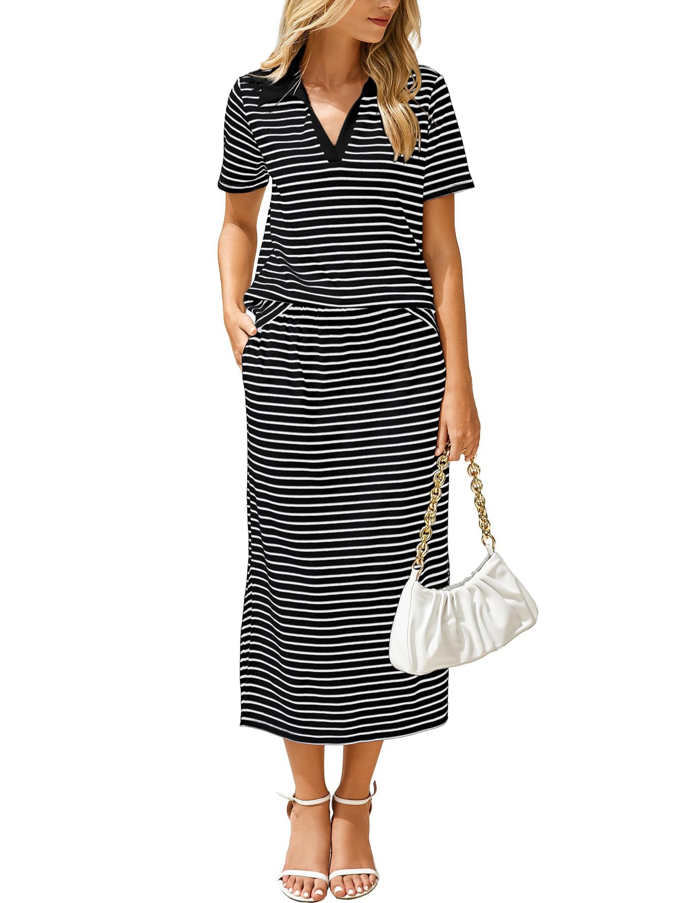 # Two-Piece Set: Collared T-Shirt and Slit Skirt