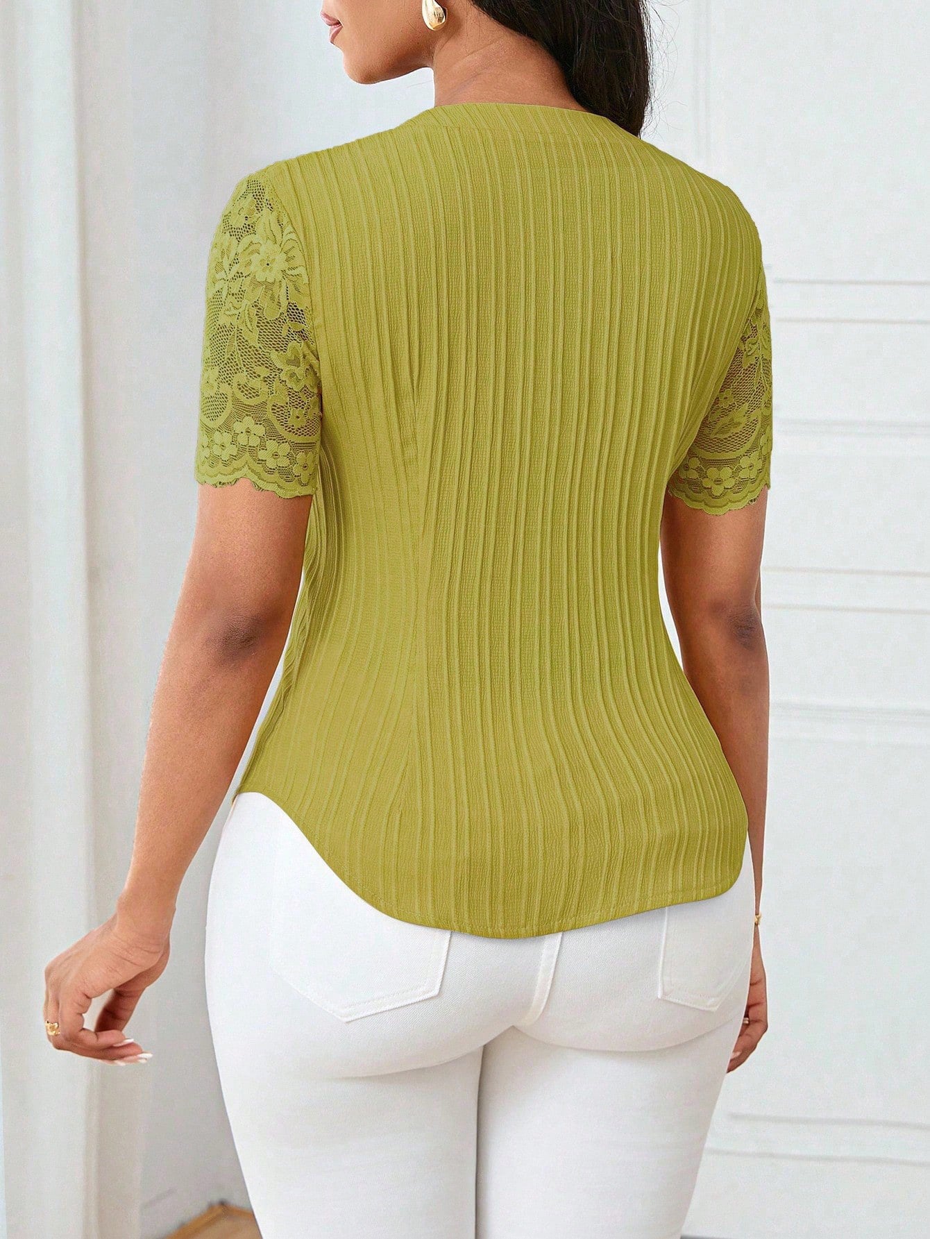 Solid Color Embroidered Hollow-Out Short-Sleeve Top