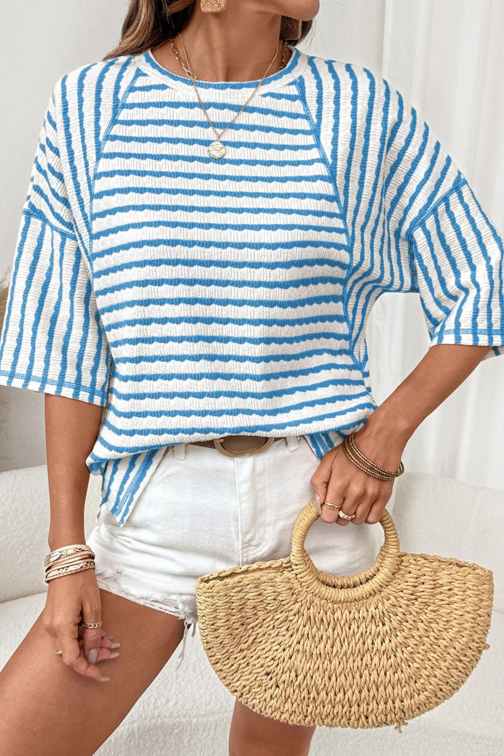 # Women's Striped Short-Sleeve Crew Neck Pullover T-Shirt