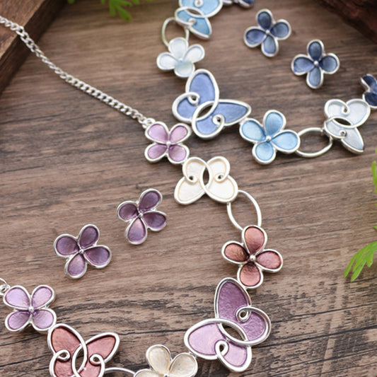 Enamel butterfly and flower earrings and necklace set