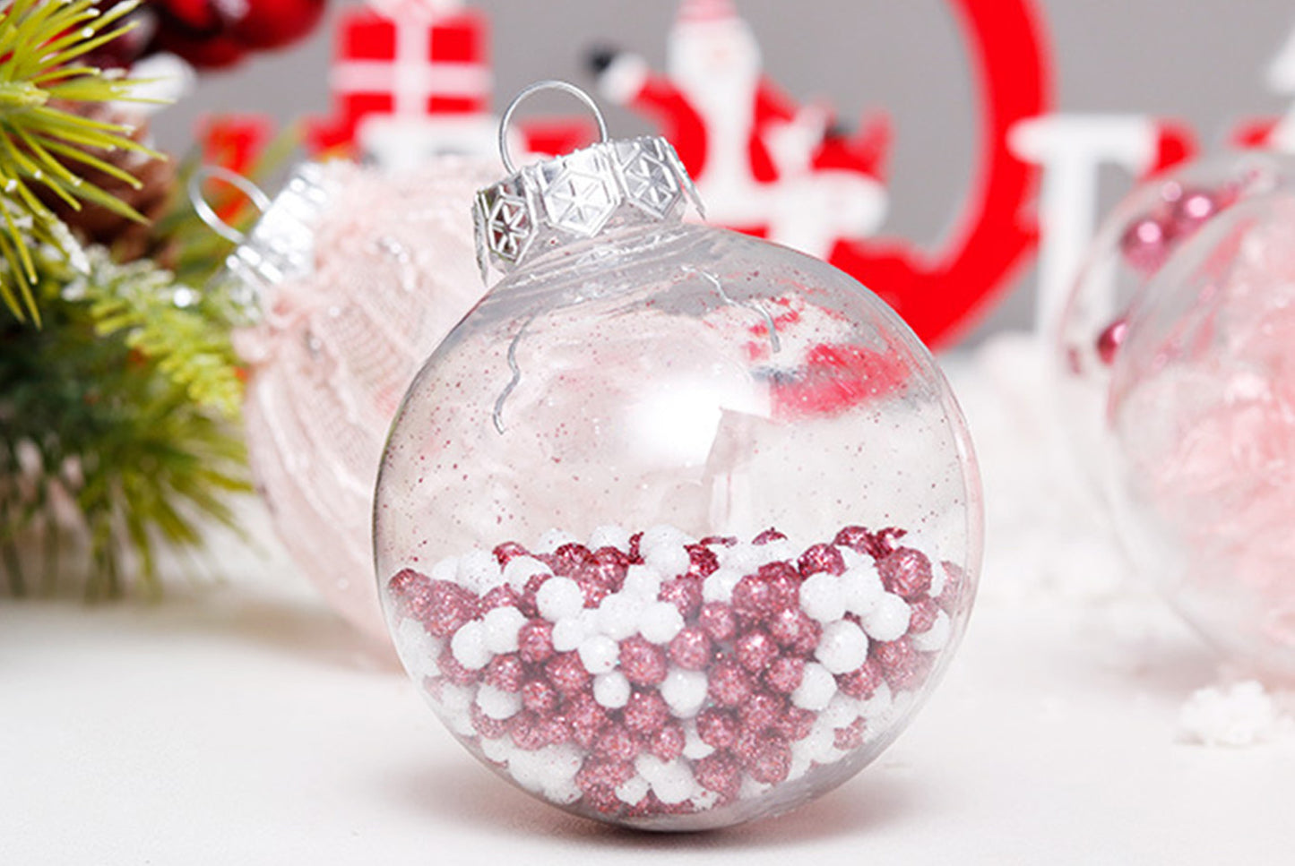 6cm Pink PET Transparent Christmas Ball Set