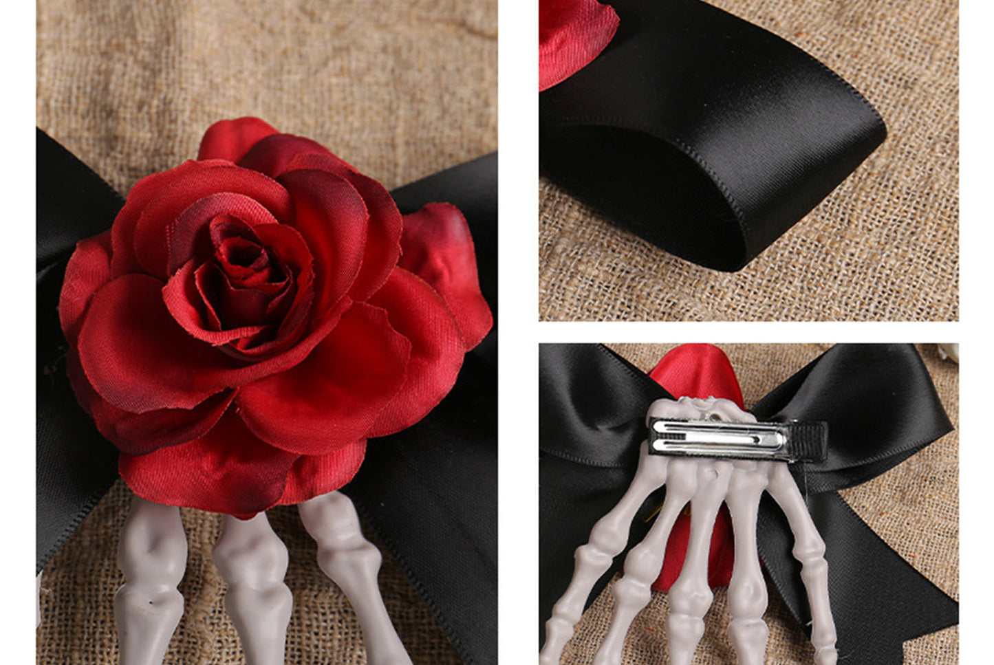 **Halloween Skeleton Hand Hair Clip with Scary Rose Bow Side Clip**