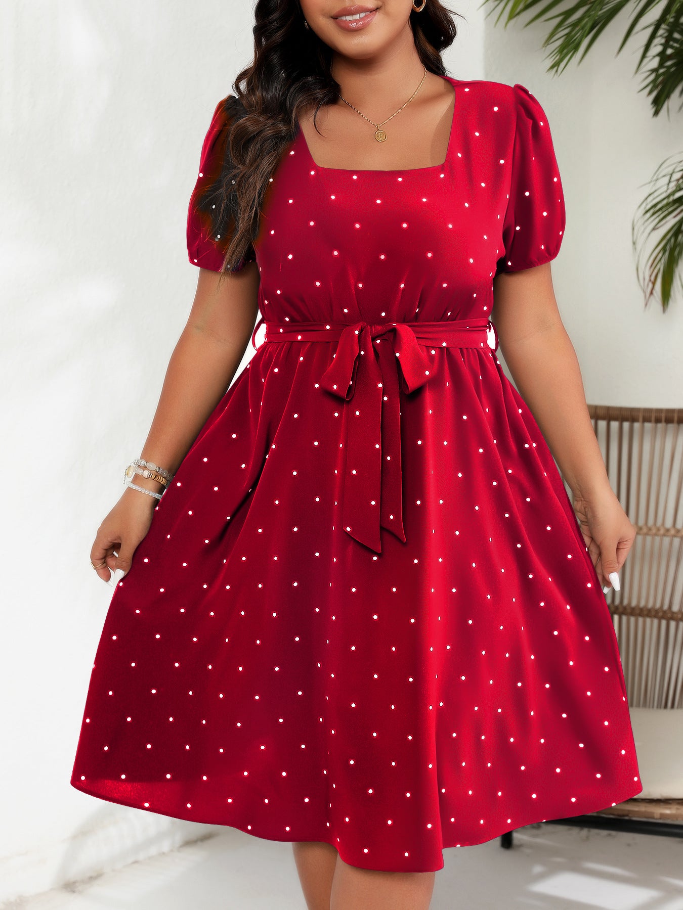 # Retro Polka Dot Square Neck Plus Size Dress