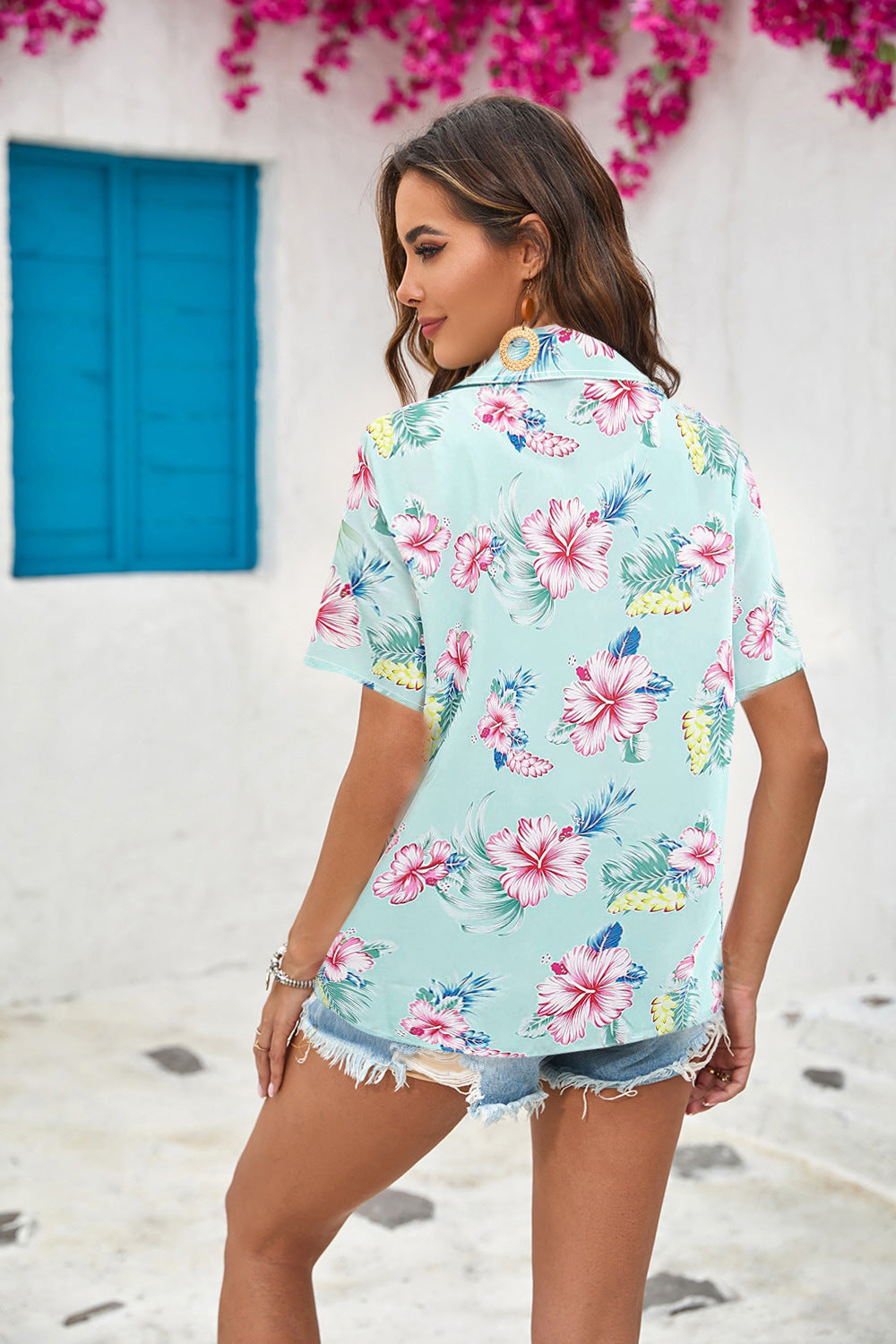 # Floral Print Pleated Collared Short-Sleeve Shirt