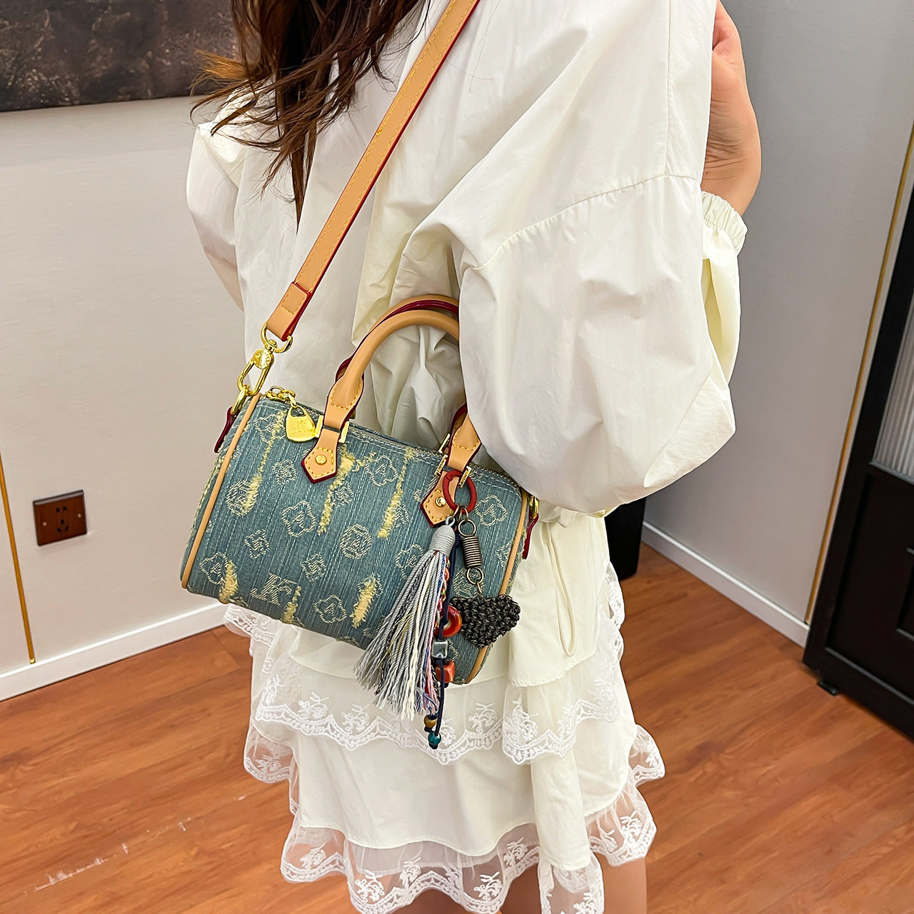 Stylish Color-Blocked Denim Crossbody Bag