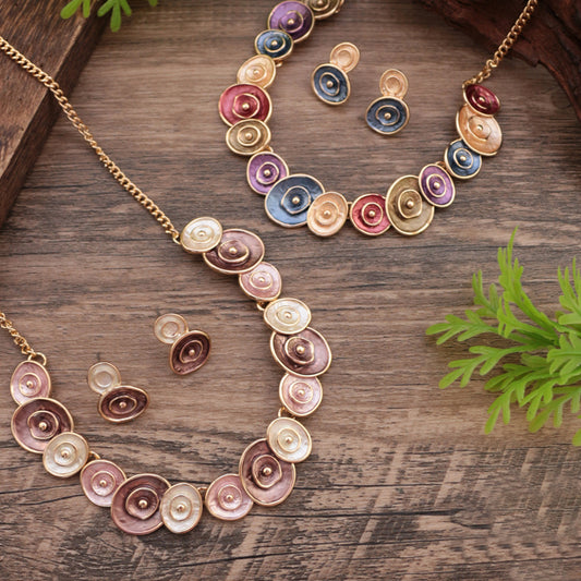 Enamel round flower earrings and necklace set