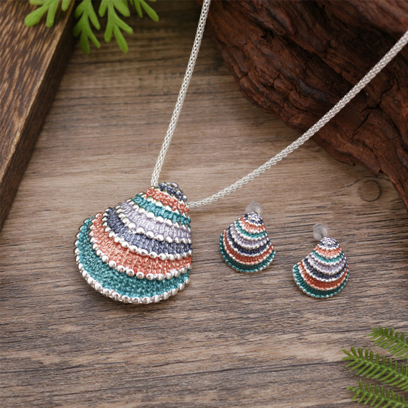 Enamel Geometric Shell Earring Pendant Set