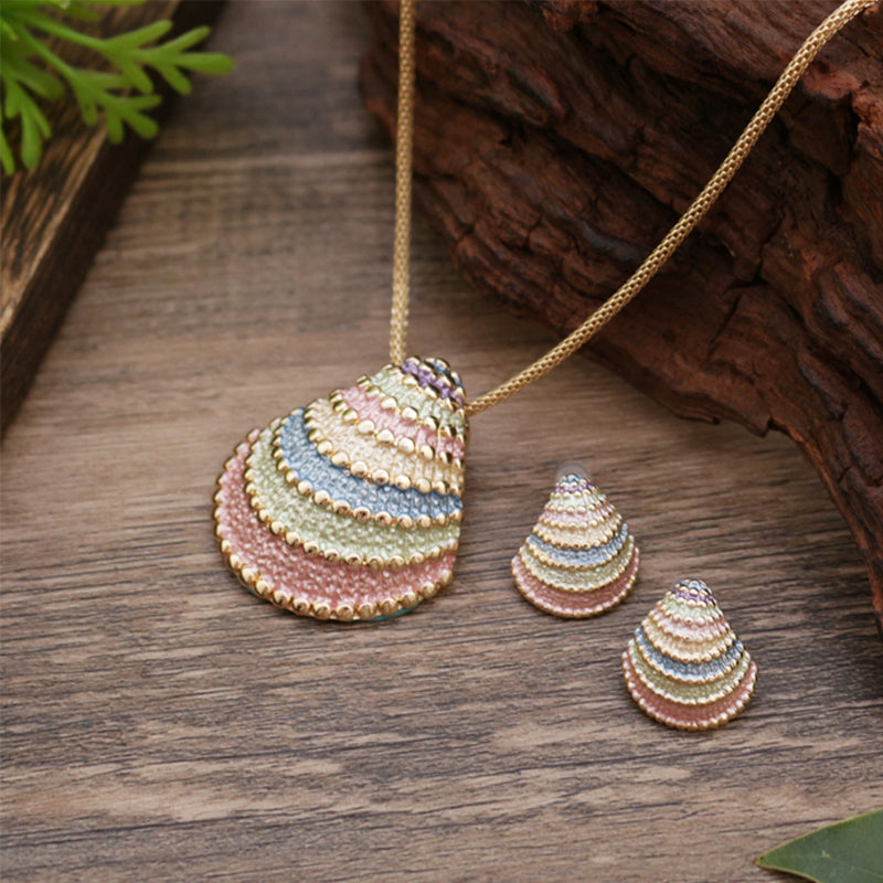 Enamel Geometric Shell Earring Pendant Set