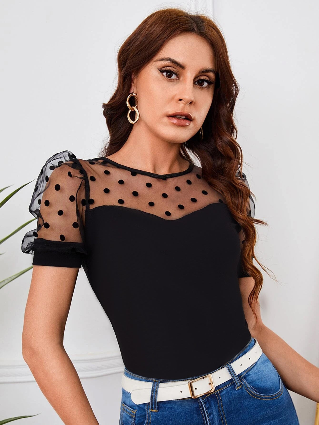 Mesh Polka Dot Crew Neck Short-Sleeve T-Shirt