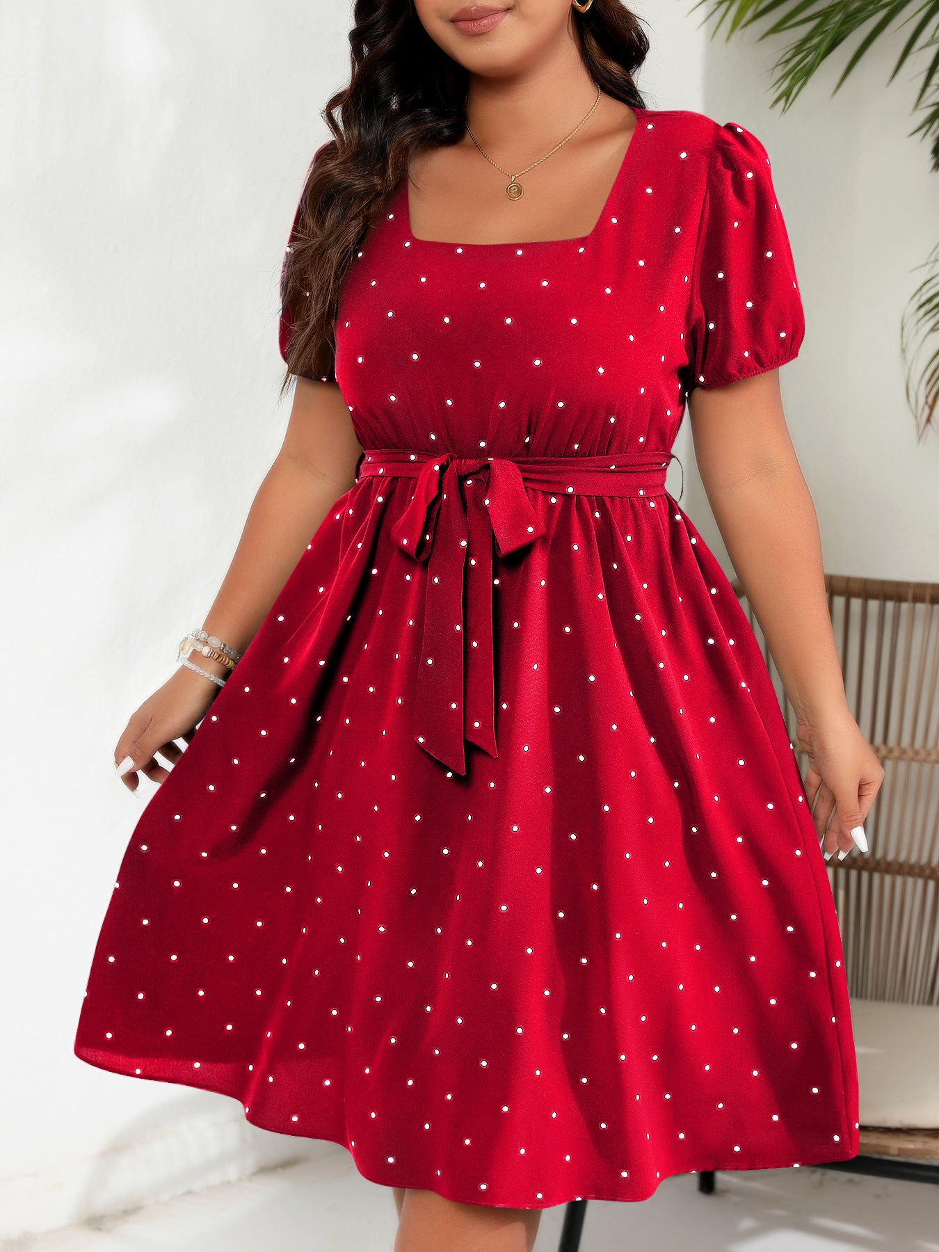 # Retro Polka Dot Square Neck Plus Size Dress